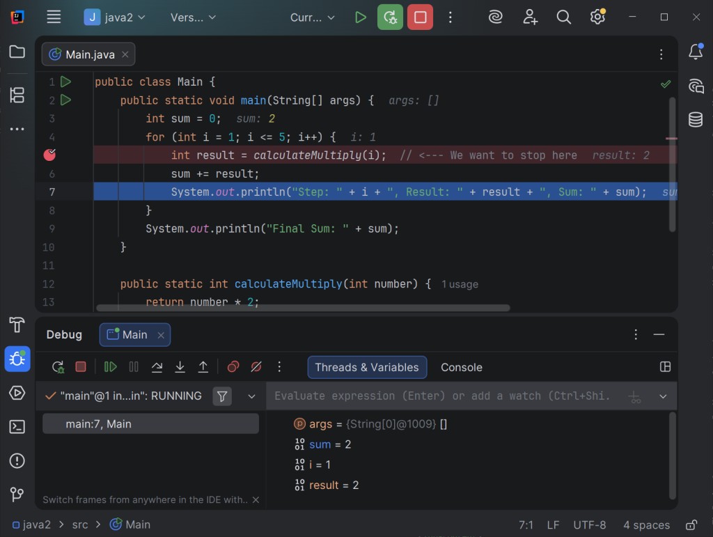 Variables sum and result updated in the Variables pane