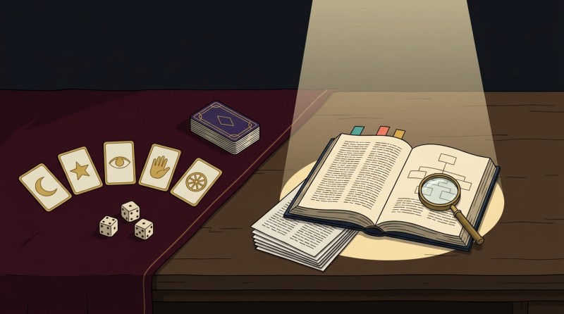 A table split down the middle: on the left, in darkness, fortune telling cards and dice are laid out; on the right, under a beam of light, an open book with bookmarks and a magnifying glass